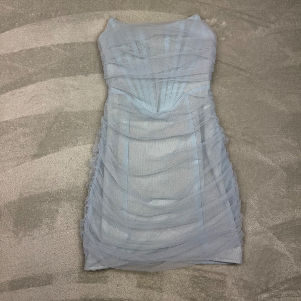 White Fox Boutique For The Night Mini Dress XS Baby Blue Ruched Mesh Strapless